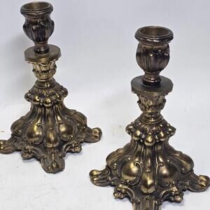 Vintage French Rococo Hollywood Regency Footed Brass Candlestick Holders 8"